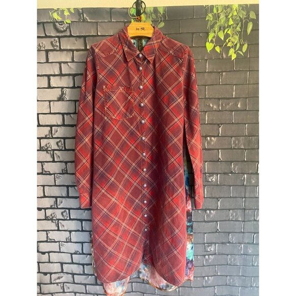 Aratta Silent Journey Burgundy Ombre Plaid Floral Back Shirt Dress S - Picture 3 of 8